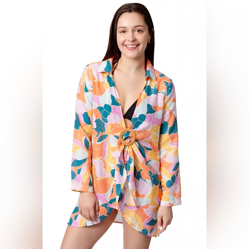 Colorful Floral Tie-Waist Beach Cover-Up